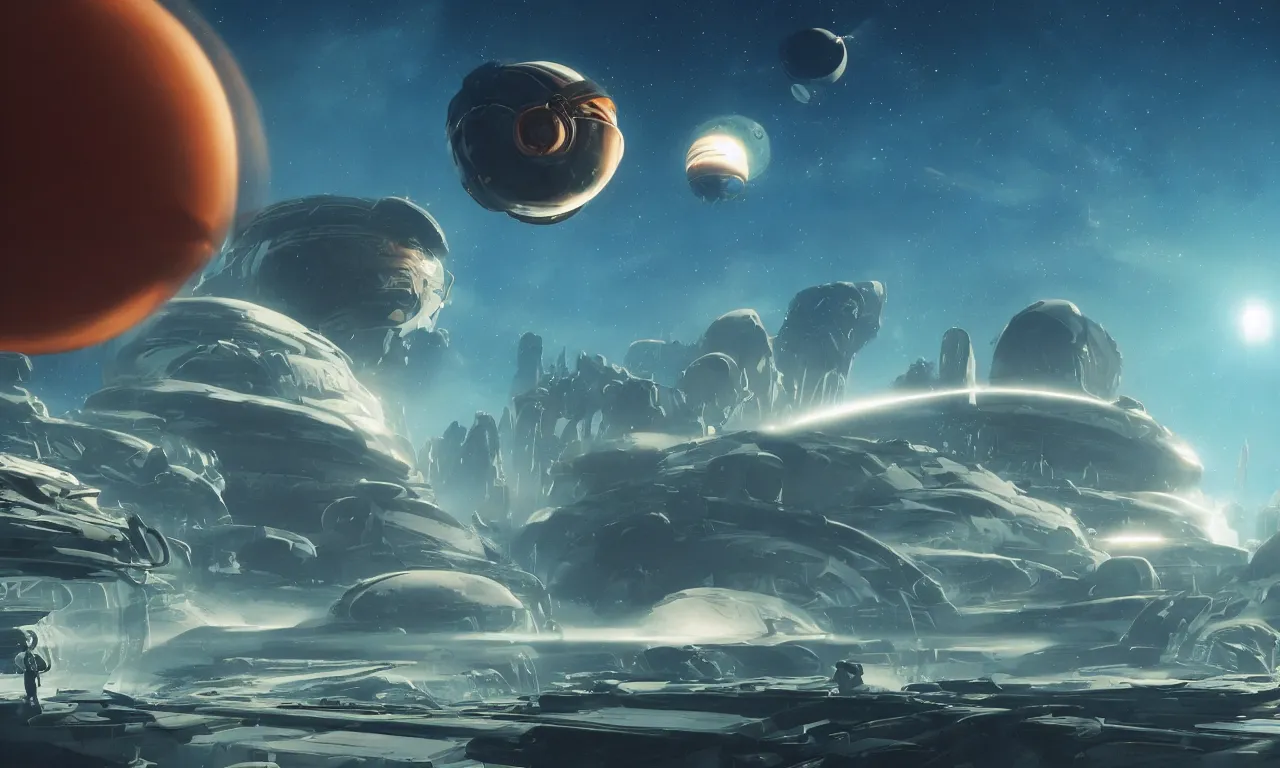 Image similar to Unexplored alien world with planets on the background, cinematic lighting, cinematic angle, Syd Mead, Federico Pelat, daylight, blue sky, spaceship in the sky