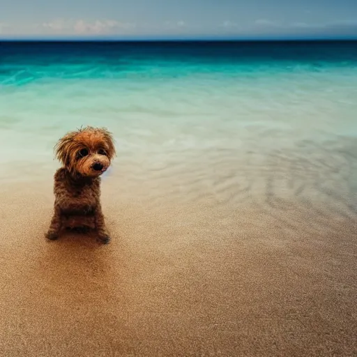 Image similar to a small dog sitting on top of a sandy beach, a picture by wes anderson, shutterstock contest winner, dau - al - set, sense of awe, angelic photograph, majestic