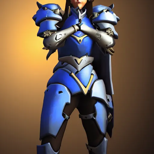 Prompt: overwatch character, medieval knight in blue gold armor