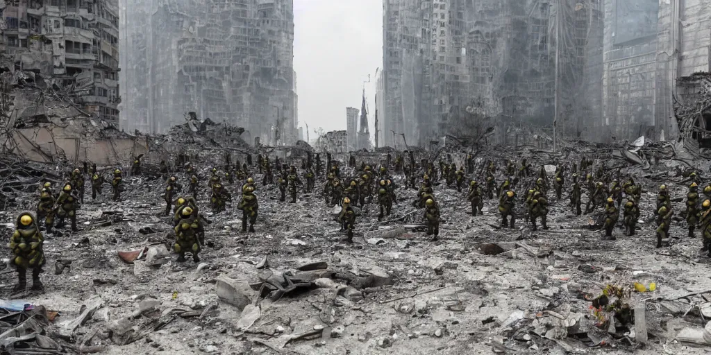 Image similar to army of minions in the middle of the ruins of cyberpunk moscow after the bombing, a minimum of surviving houses, a dim sky, a dead city