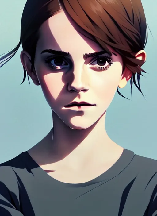 Image similar to portrait of a emma watson by ilya kuvshinov, cloudy sky background lush landscape illustration concept art anime key visual trending pixiv fanbox by wlop and greg rutkowski and makoto shinkai and studio ghibli