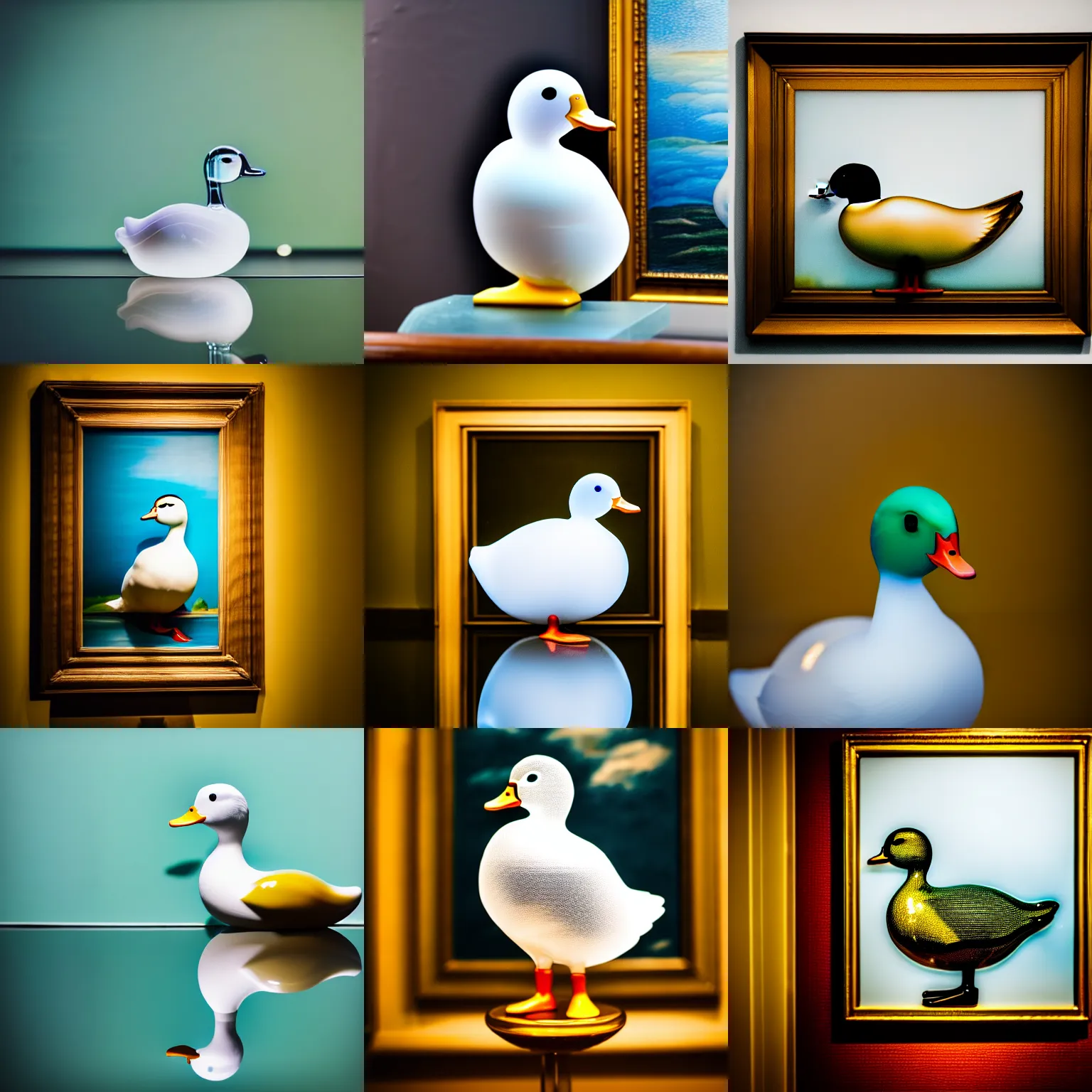 Prompt: a close up photo of a [ transparent clear glass duck in front of a painting ] [ not opaque ] [ not coarse ], professional photography, sigma 8 5 mm f / 8