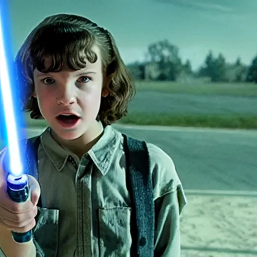 Image similar to a still of eleven from stranger things in star wars: revenge of the sith, holding an activated lightsaber