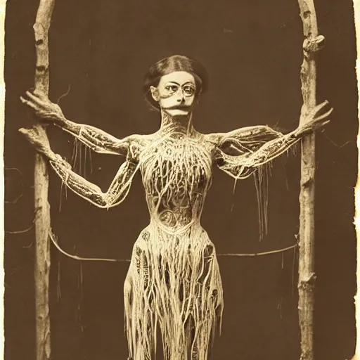 Image similar to 1860 photo of an old freak show spider-woman, on the middle of a forest, spooky , veins, arteries, intricate, golden ratio, full frame, elegant, highly detailed, ornate, ornament, sculpture, elegant , luxury, beautifully lit, ray trace, 3d, PBR