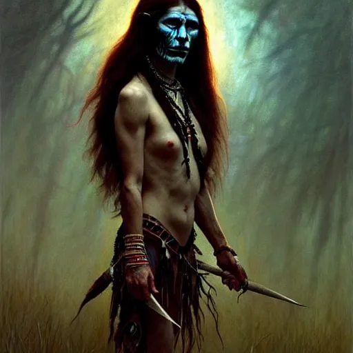 Image similar to native american skinwalker, horror, heroic lighting, dark fantasy, intricate, elegant, highly detailed, lifelike, photorealistic, digital painting, artstation, illustration, concept art, smooth, sharp focus, art by John Collier and Albert Aublet and Krenz Cushart and Artem Demura and Alphonse Mucha