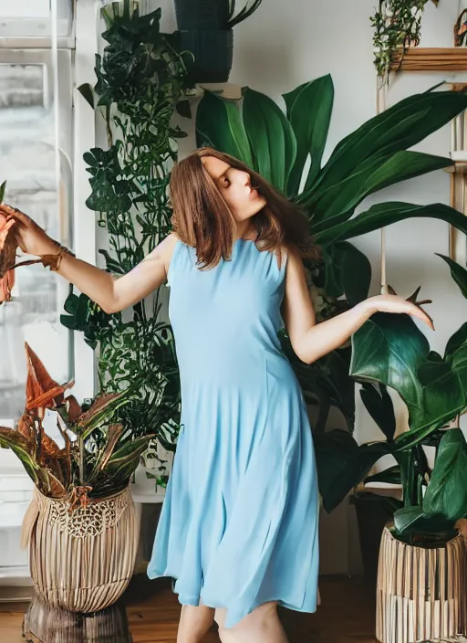 Image similar to woman dancing in a marine blue summer dress, fashion magazine, indoor plants in the background, elegant, photorealistic camera shot, studio lighting, crisp quality and light reflections