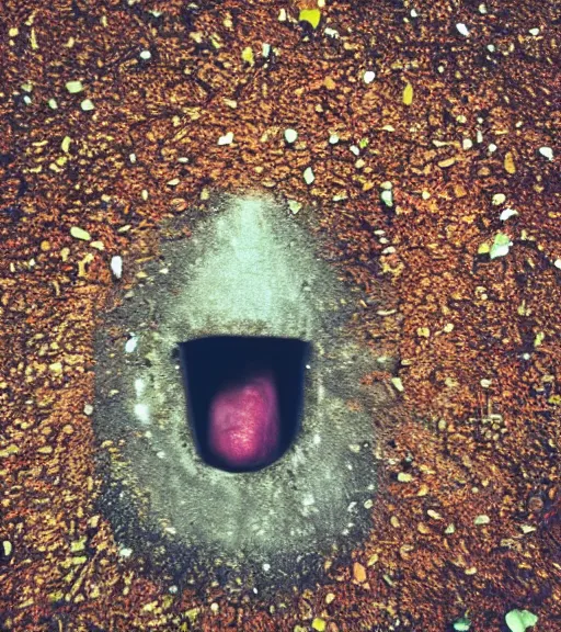 Image similar to phone photography of a mouth open on the ground, realistic photo, phone, looming, colorful, daytime, eerie,