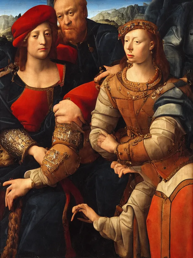Image similar to a soldier lays his hand on top of the queens head, renaissance portrait, intimate, relaxed posture, high definition, dimly lit, private moment