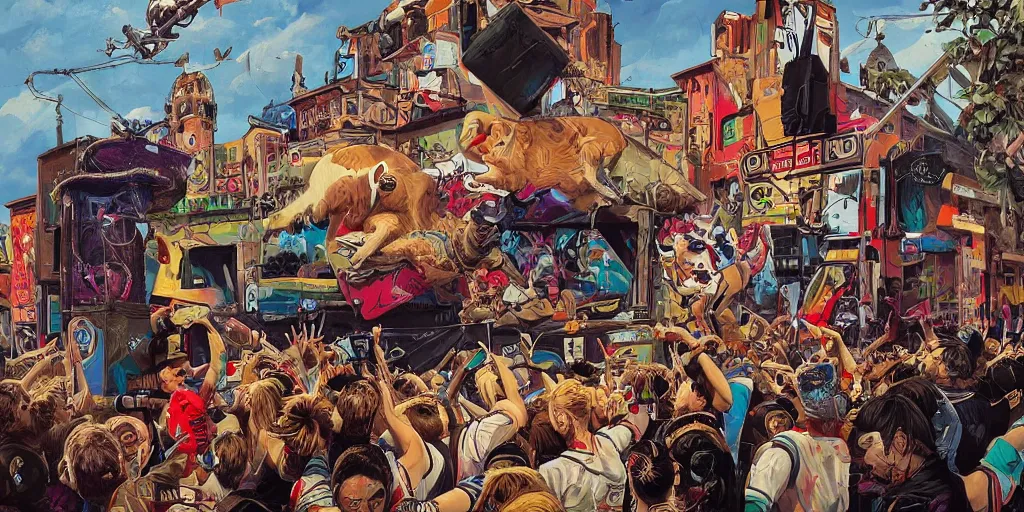 Prompt: beautiful painting of pop punk french buldogs playing punk rock show, by Tristan Eaton, James Gurney, greg rutkowski. trending on Artstation, 8k, masterpiece, graffiti paint, fine detail, full of color, intricate detail, golden ratio illustration, corgi