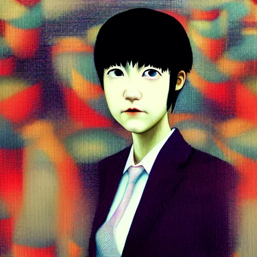 Image similar to yoshitaka amano blurred and dreamy realistic three quarter angle portrait of a young woman with short hair and black eyes wearing office suit with tie, junji ito abstract patterns in the background, satoshi kon anime, noisy film grain effect, highly detailed, renaissance oil painting, weird portrait angle, blurred lost edges