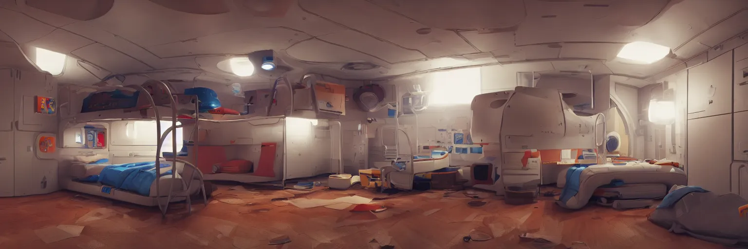 Prompt: Room of a spacecraft, with a bunk bed, warm tones, lights, gloom and lights, warm tones, warm colors, photo realistic, playing, CGI, Unreal Engine, Hdri