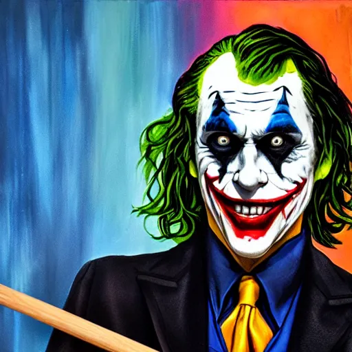 Image similar to photograph of the joker ( 2 0 1 9 ) as a professional artist, standing at an easel with paint, photograph, 3 5 mm, 8 k