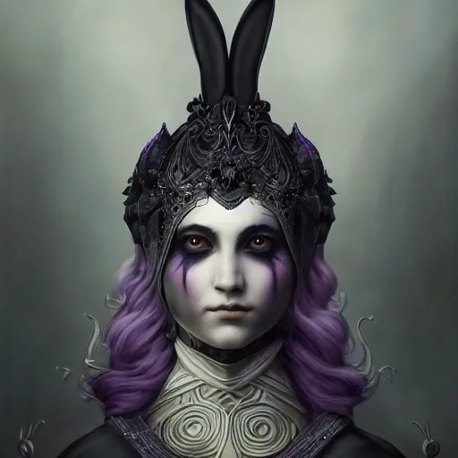 Image similar to tom bagshaw, soft painting fractal curiosities carnival, very beautiful female rabbit hybrid in full ornated nightshade armor, symmetry accurate features, focus, very intricate ultrafine details, black white purple volumetric clouds, award winning masterpiece, octane render 8 k hd