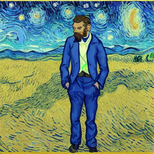 Prompt: an art director pondering his future, in despair, in the style of van gogh starry night