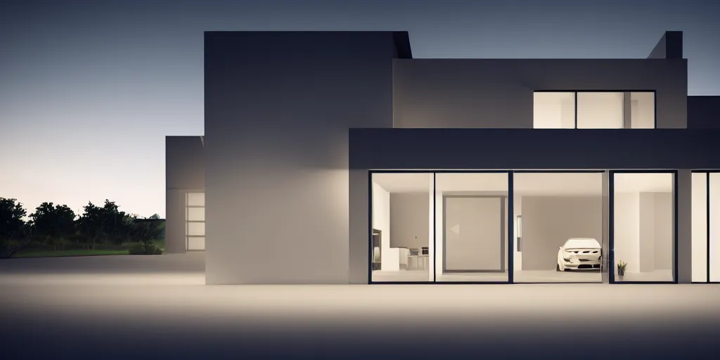 Prompt: A beautiful realistic architectural rendering of a modern minimalistic house with a mysterious glow emitting from inside and a garage with a car in it, by octane render and corona render