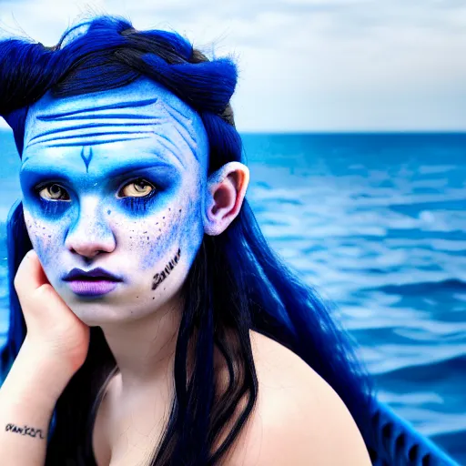 Prompt: a dnd Triton girl with blue skin and messy black hair sitting on the deck of a ship and holding an apple, a little blue-skinned girl with messy black hair sharp pointed ears freckles along the ridges of her cheeks, dnd triton, high resolution film still, 4k, HDR colors