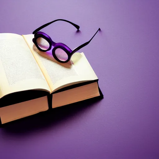 Prompt: a purple book on the top of a wood desk with a circular glasses on the top of the book