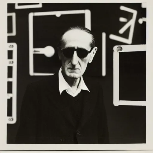 Image similar to Kodachrome portrait of Marcel Duchamp with an technologival machine, archival pigment print in the style of Hito Steyerl, studio shooting, contemporary art