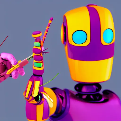 Image similar to a photorealistic 3 d render made in blender of a colourful friendly robot being poked in the eye by a man with a stick. background is a purple gradient