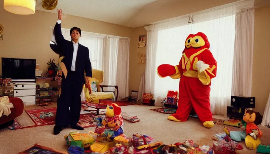 Image similar to 1990s candid 35mm photo of a beautiful day in the family living room, cinematic lighting, cinematic look, golden hour, a very large, oversized Japanese magical costumed toy salesman mascot is teleporting out of the TV and aggressively selling the family and kids toys by force, the costumed salesman is a very large giant, he has fancy decorations on his costume, there is a big toy in the living room with the family, toys in the room, UHD