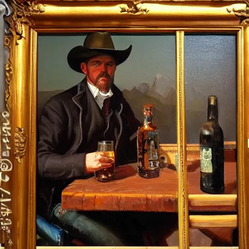 Prompt: modern oil painting portrait of cowboy at table with bottle in western saloon, 1890, masterpiece, realistic and detailed, artstation, interesting lightning