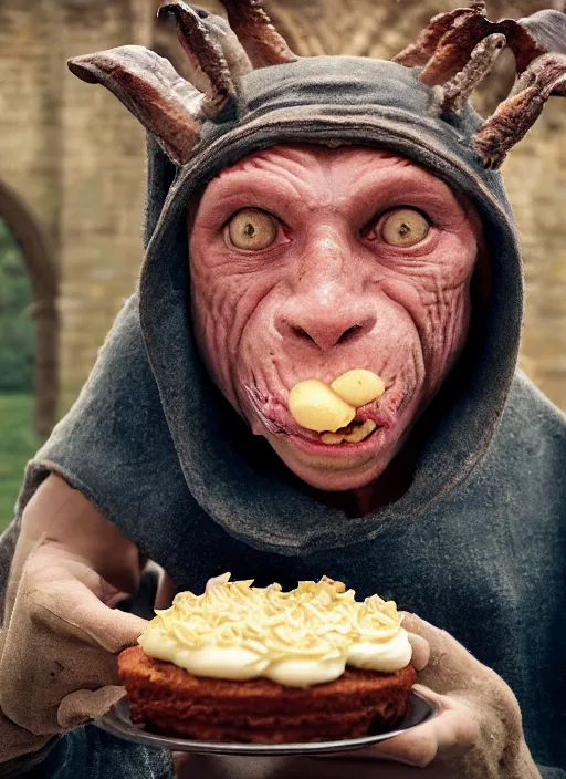 Image similar to closeup portrait of a medieval goblin eating cakes in the cloisters, depth of field, zeiss lens, detailed, symmetrical, centered, fashion photoshoot, by Annie Leibovitz and Steve McCurry, David Lazar, Jimmy Nelsson, Breathtaking, 8k resolution, extremely detailed, beautiful, establishing shot, artistic, hyperrealistic, beautiful face, octane render