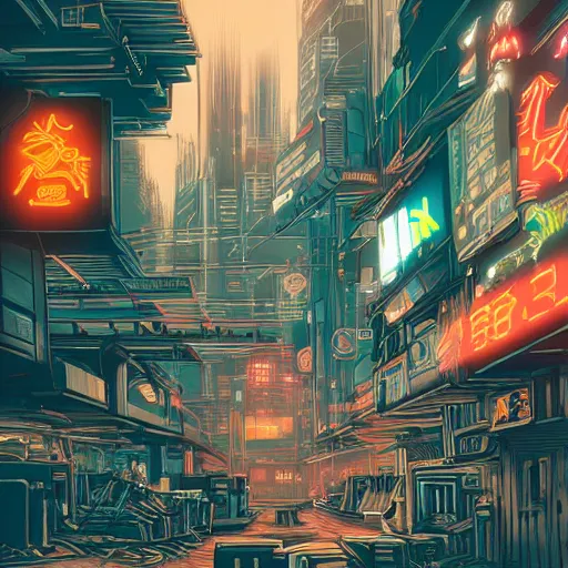 Image similar to robot corgi in a post - apocalyptic cityscape, dystopian, cyberpunk, detailed digital illustration, neon lights