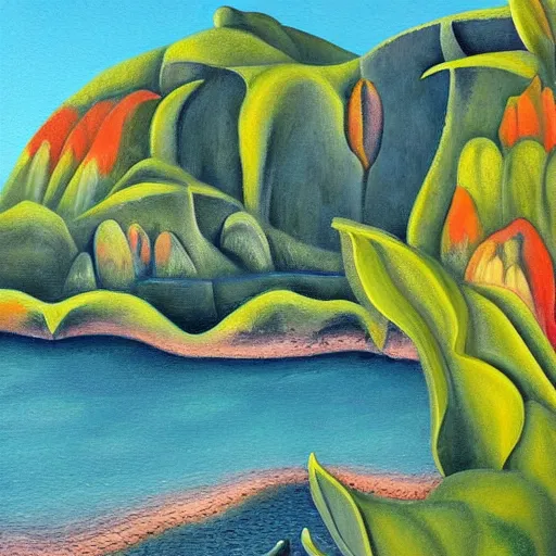 Image similar to detailed painting of a lush natural scene on an alien planet by georgia o'keeffe. beautiful landscape. weird colourful vegetation. cliffs and water.