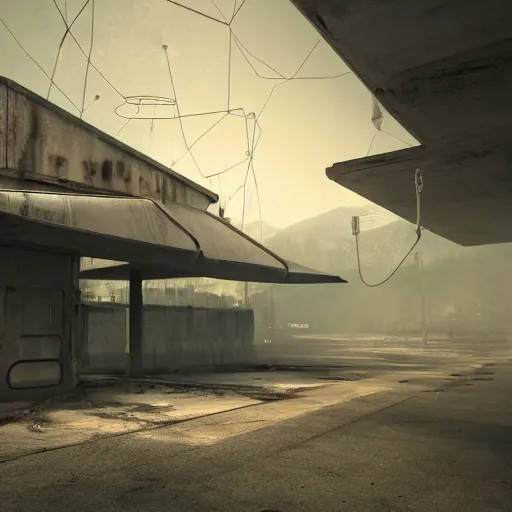 Prompt: Abandoned sci-fi gas station, dark and dim, atmospheric, trending on artstation, 8k matte painting