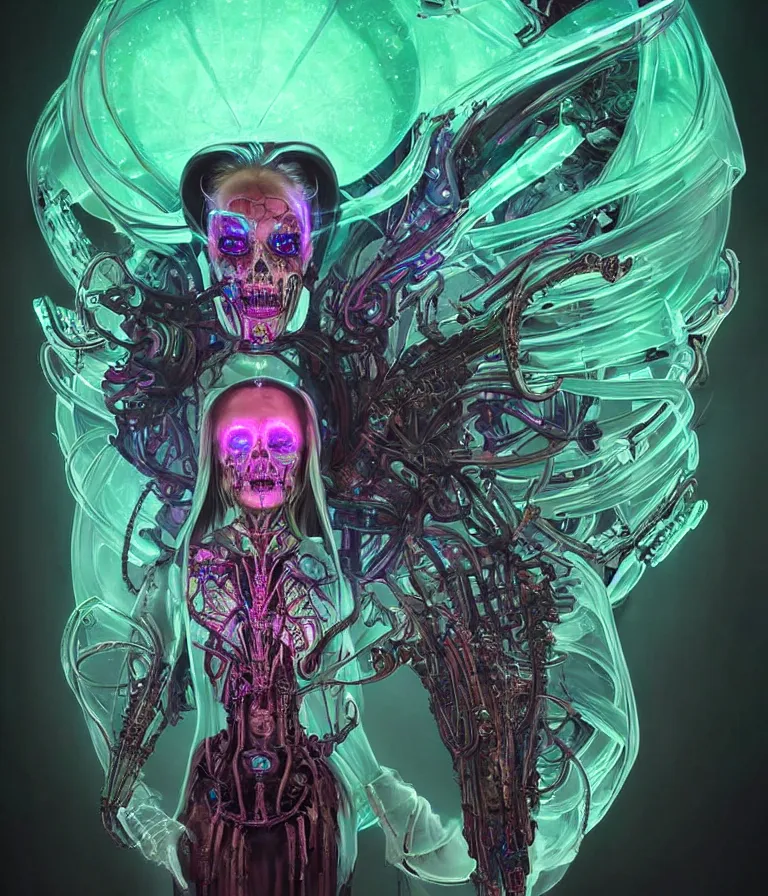 Image similar to fully symmetrical centered iridescent portrait of a beautiful princess demon in robe. skulls artificial muscles, ribcage, bones, hard surface modelling. cyberpunk look. biomechanical mask. bio luminescent biomechanical halo around head. neon jellyfish. artwork by jarold Sng by artgerm, by Eddie Mendoza, by Peter mohrbacher by tooth wu, unreal engine, octane render, cinematic light, high details, iridescent colors, dichroic, macro, depth of field, blur