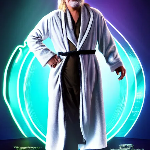 Image similar to dude lebowski dressed in bathrobe played by jeff bridges, stuck in tron realm, photorealistic movie still, detailed 8 k, poster style, high resolution