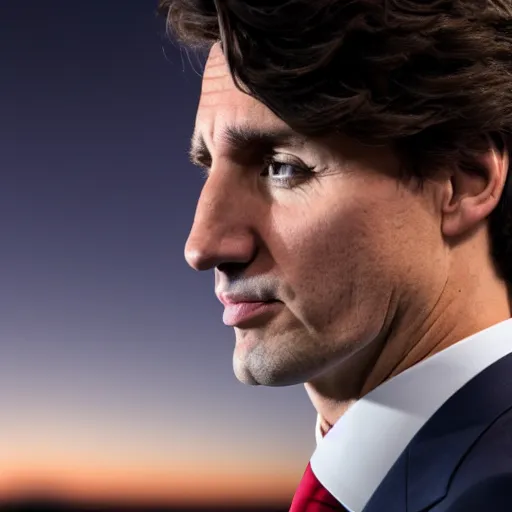 Image similar to a still of Justin Trudeau. He's wearing a suit, dark. Studio lighting, shallow depth of field. Professional photography City at night in background, lights, colors,4K
