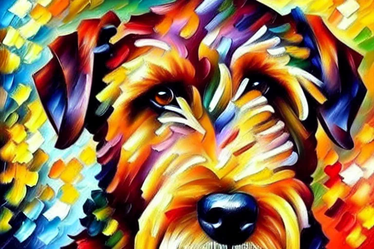 Image similar to portrait of airedale terrier. painting by leonid afremov