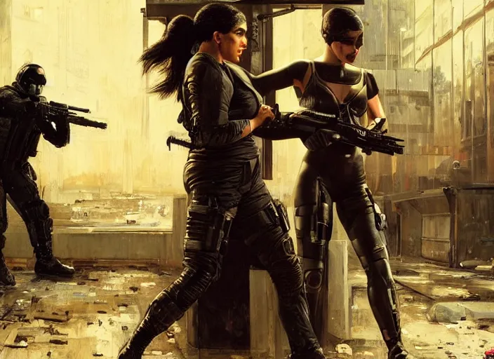 Image similar to sophia evades sgt griggs. Cyberpunk hitwoman escaping Cyberpunk policeman in combat gear. (police state, Cyberpunk 2077, blade runner 2049). Cyberpunk Iranian orientalist portrait by john william waterhouse and Edwin Longsden Long and Theodore Ralli and Nasreddine Dinet, oil on canvas. Cinematic, Dramatic lighting.