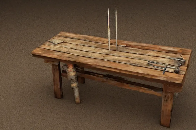 Prompt: a rustic rectangle wooden table with spikes sticking out of it. artstation highquality 4k