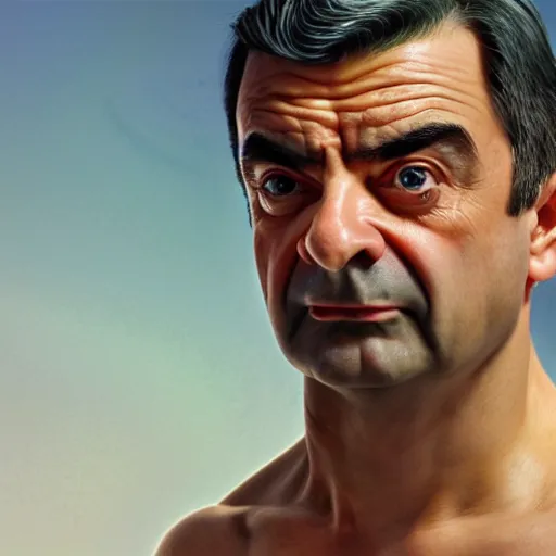 Image similar to upper body portrait of a hulking herculean chiseled mr bean rowan atkinson, cinematic lighting, photorealistic, octane render, 8 k, depth of field, 3 d, art by artgerm and greg rutkowski and alphonse mucha and uang guangjian and gil elvgren and sachin ten