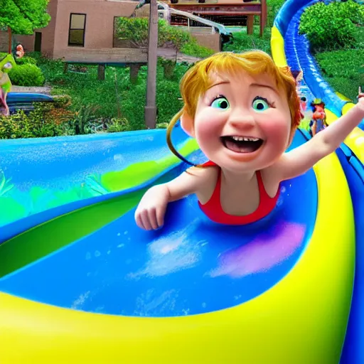 Image similar to a Still from a pixar movie of kids coming down a waterslide