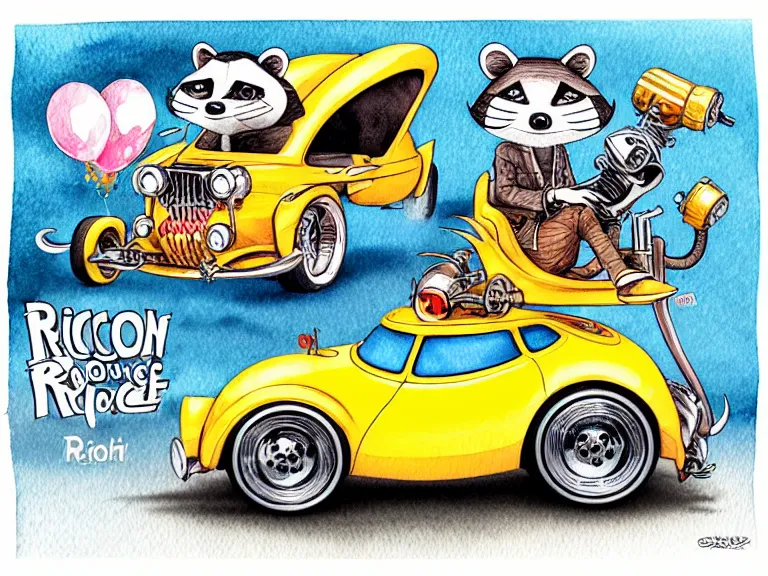 Image similar to cute and funny, racoon riding in a tiny hot rod coupe with oversized engine, ratfink style by ed roth, centered award winning watercolor pen illustration, isometric illustration by chihiro iwasaki, edited by range murata