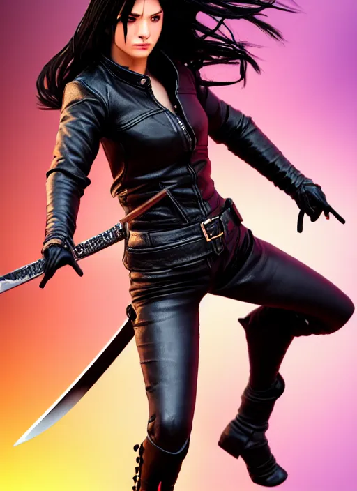 Image similar to black haired woman in a leather jacket, a sword fight, action pose, movie scene, highly detailed, intricate, face enhance, long sharp intricate sword, trending on artstation, action pose