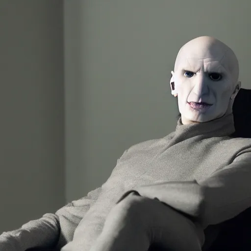 Prompt: Voldemort watching a twitch stream in a sofa, photoshoot