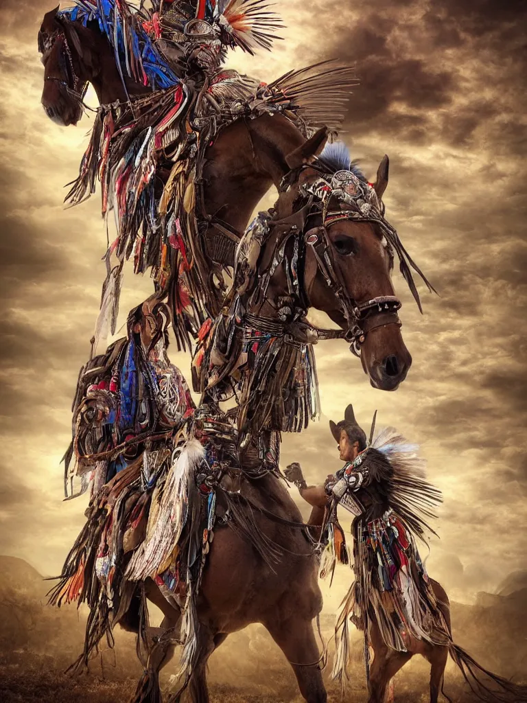 Image similar to American Indian warrior, stands looking at his horse, sacred feathers adorn, in a valley of quartz crystals, camp fire glows, hyper realistic, dystopian, solarpunk, steampunk, Mayan gods, realism, scifi magic imagery, best algorithm, digital cinema camera, cooke lens feel, wide angle, 3D modelling, digital art, art by artgerm