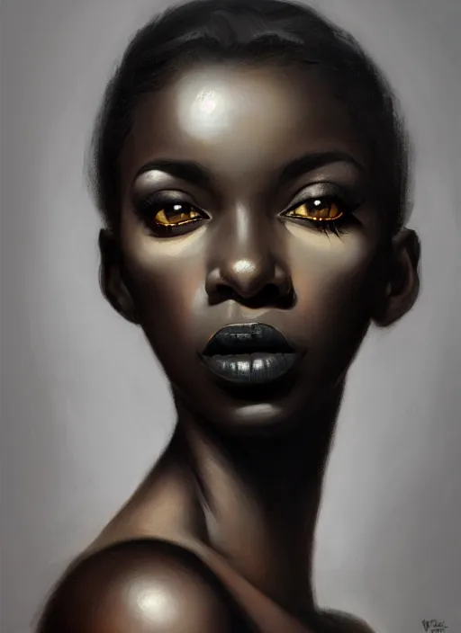 Image similar to portrait of a dark skinned woman with a crooked nose and a confident expression, 1 9 6 0 s, black clothes, goth, punk, funk, intricate, elegant, highly detailed, digital painting, artstation, concept art, smooth, sharp focus, illustration, art by wlop, mars ravelo and greg rutkowski