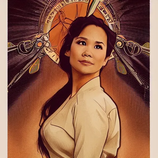 Image similar to amazing lifelike award winning pencil illustration of Lea Salonga in a helicopter trending on art station artgerm Greg rutkowski alphonse mucha miss Saigon cinematic