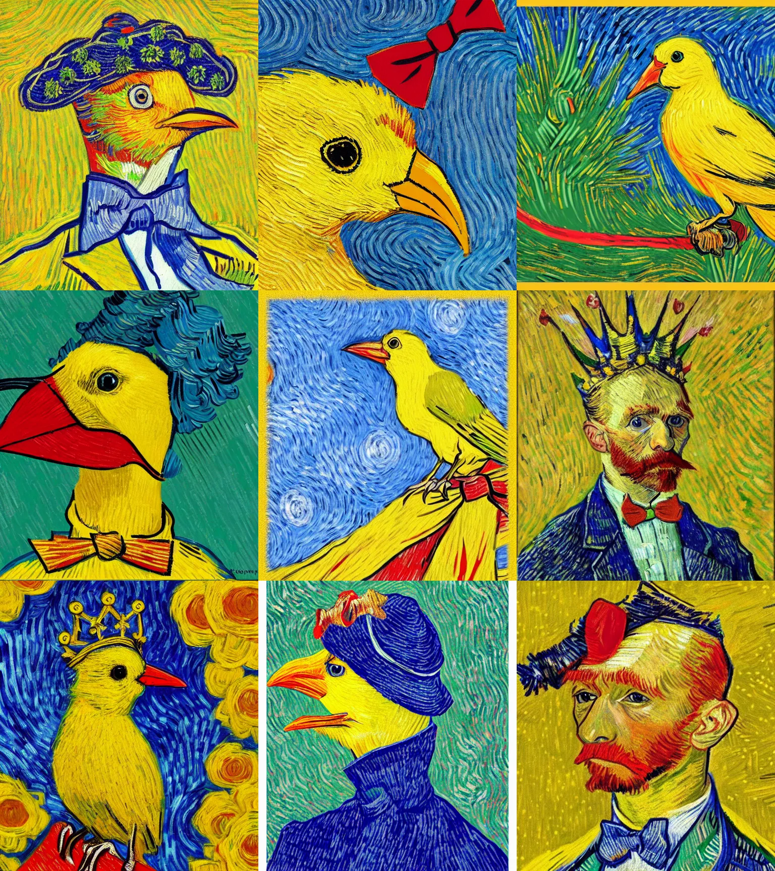 Prompt: an elegant yellow bird wearing a royal crown and a red bow tie in the style of vincent van gogh, very very beautiful, post-impressionism, high quality, detailed, 4k