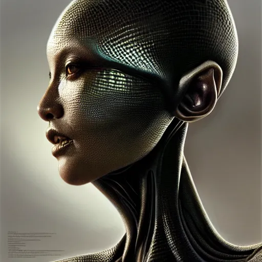 Prompt: ultra realist soft painting of a single attractive alien female, black scales, symmetry accurate features, very intricate details, focus, curvy, artstyle hiraku tanaka and craig mullins, award winning