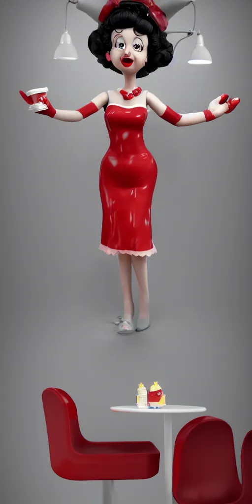 Prompt: Animatronic Betty Boop in Mc Donalds, real hair, dimly lit, photorealistic, hyper realistic 3d matte painting, unrealengine octane 3d render 4k