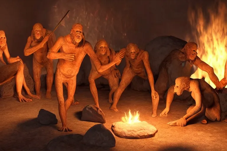 Image similar to still photo of ancient human ancestors discovering fire, highly detailed, photorealistic shot, bright studio setting, studio lighting, crisp quality and light reflections, unreal engine 5 quality render