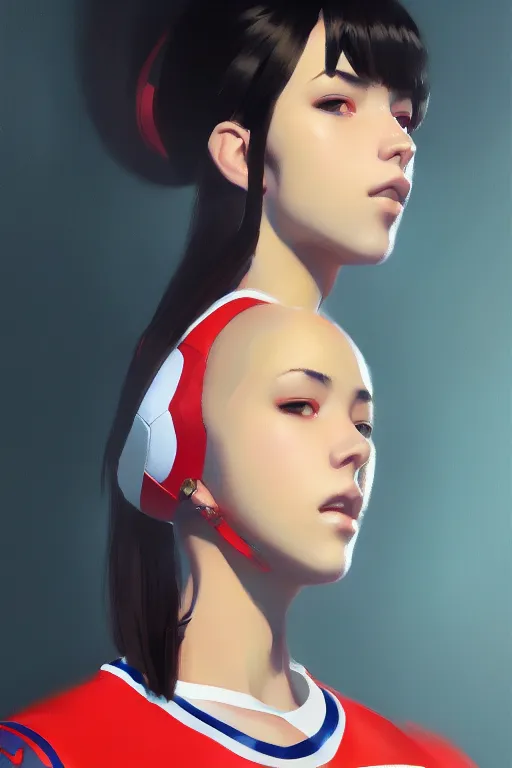 Image similar to A ultradetailed beautiful panting of a stylish woman wearing a volleyball jersey, Oil painting, by Ilya Kuvshinov, Greg Rutkowski and Makoto Shinkai