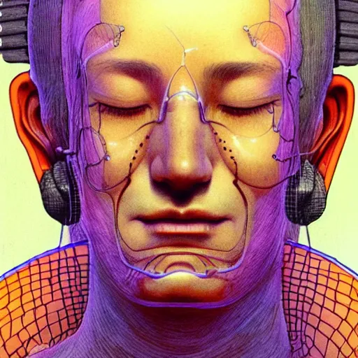 Prompt: moebius portrait of a zen EEG meditator, cyberpunk science fiction, ultra detailed ecstatic facial expression somewhere between happiness and love, electrodes on scalp, incredible illustration