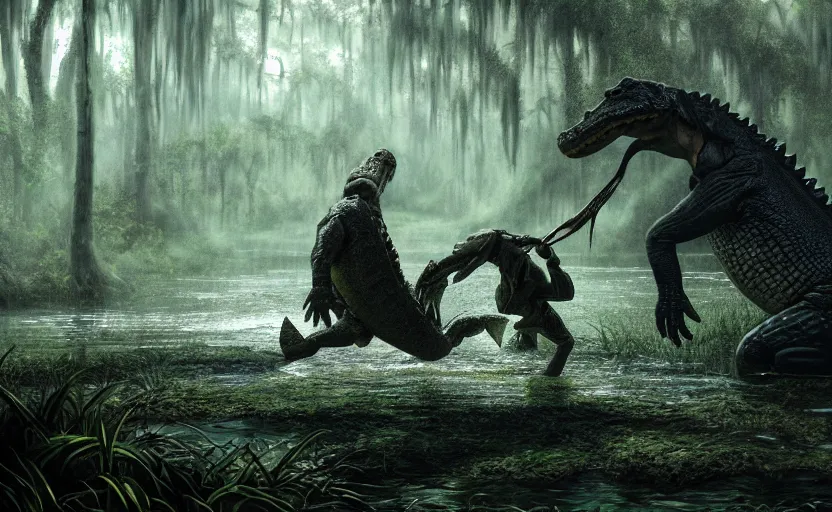 Prompt: a masterpiece of a huge alligator dragging colin farrell into the swamp, cinematic, fantasy, hyper detailed, digital painting, 4 k realistic, trending on artstation, sharp focus, john banovich, photographer art wolfe, light source on left
